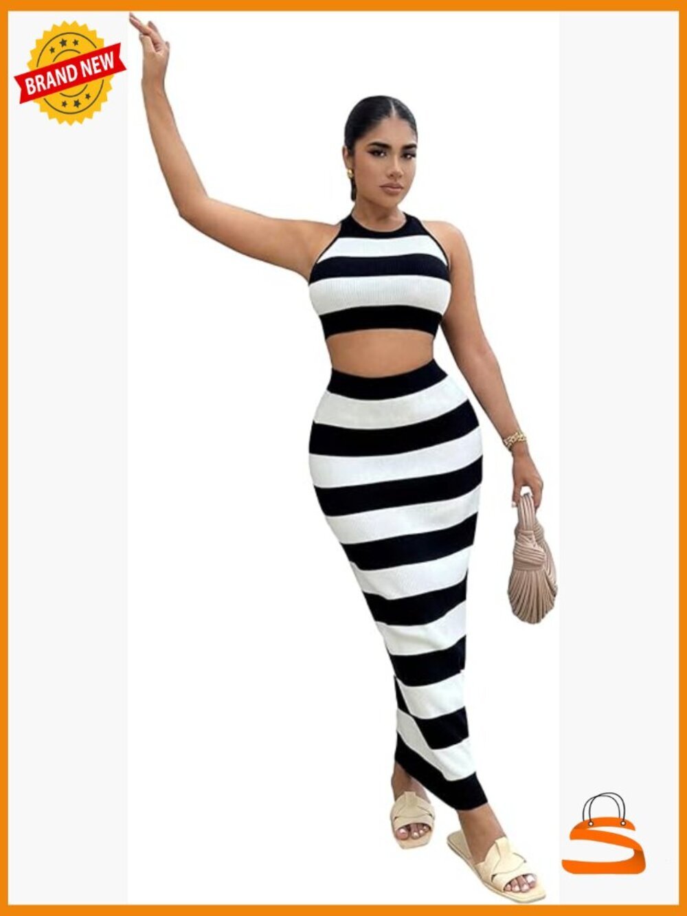 Sleeveless Halter Top and Ribbed Bodycon Maxi Skirt Set